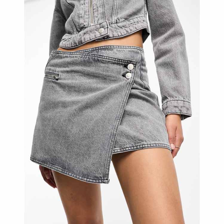 【Anyone more】Lua Gray Washing Deck Mini Skirt Light Heather Grey Pleated Low Rise Slim Fit Mini Micro