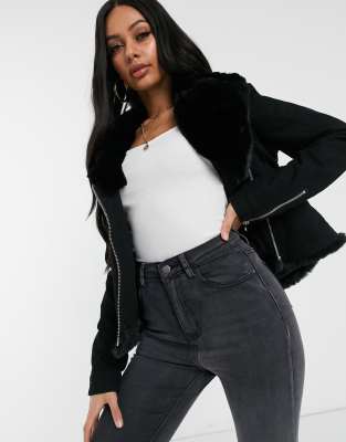 black denim jacket with fur collar