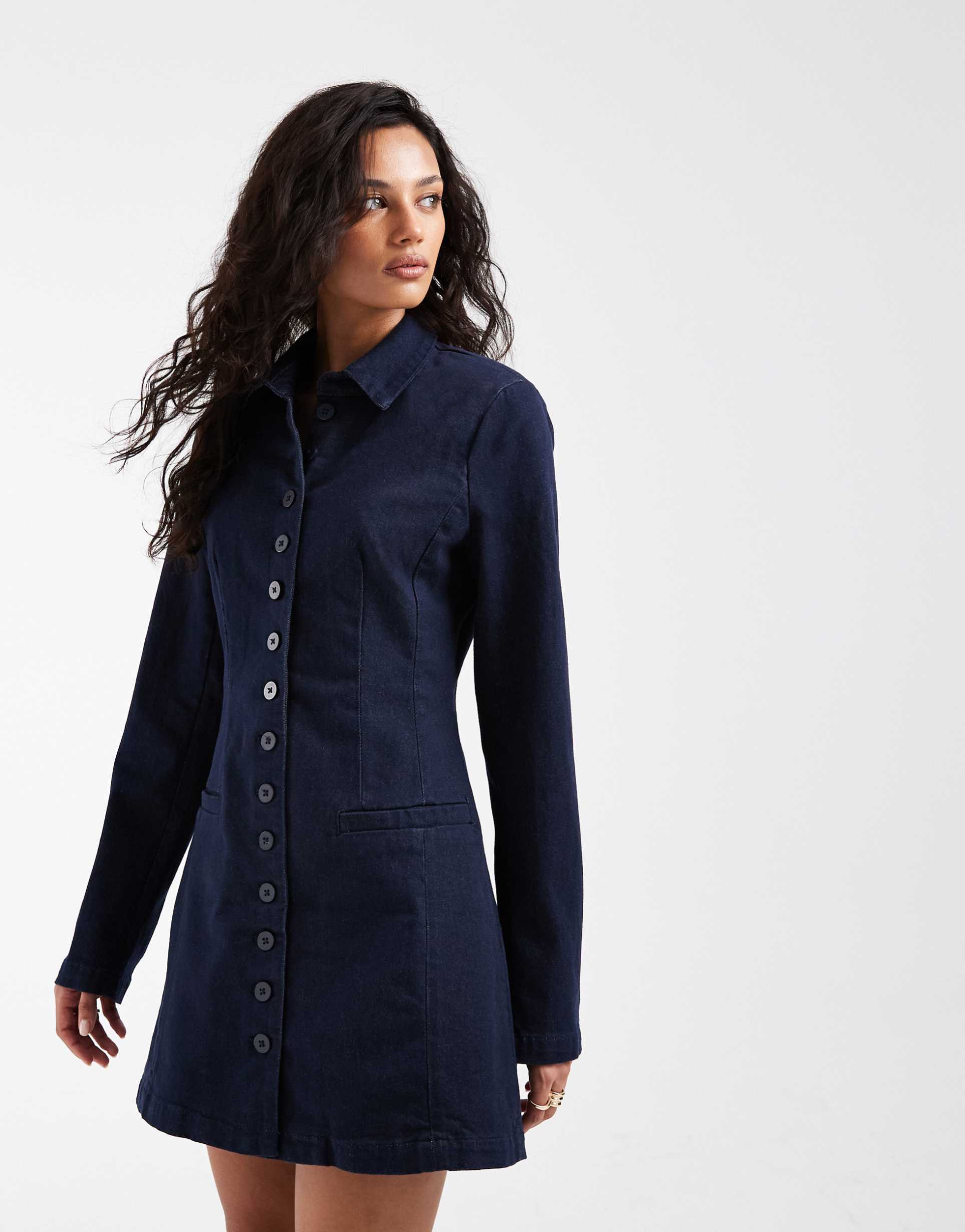 asos design denim blazer dress with shoulder pad detailing in inky raw