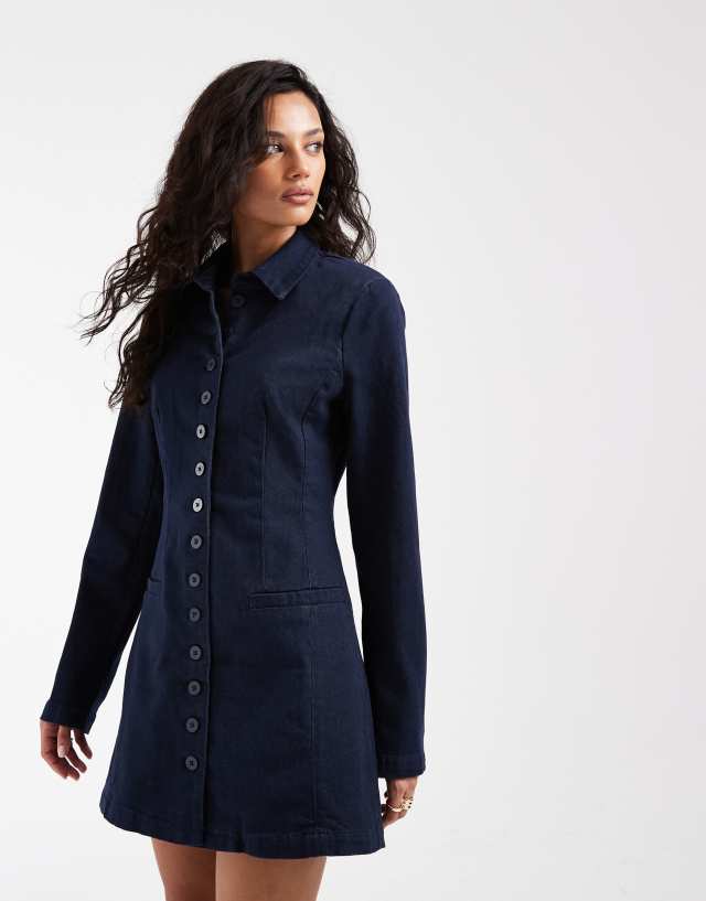 ASOS DESIGN denim blazer dress with shoulder pad detailing in inky raw
