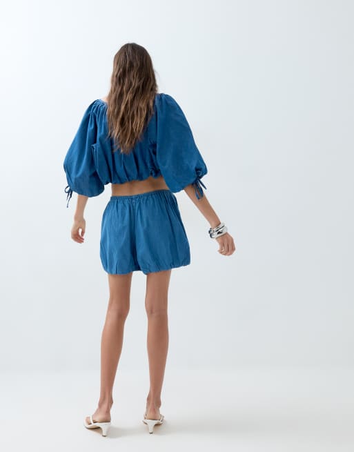 ASOS DESIGN denim bloomer short co-ord in mid blue, 4 of 5
