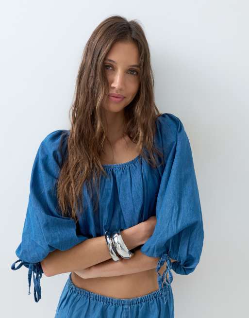 ASOS DESIGN denim blus med ballongfåll i mellanblått set, 5 av 5