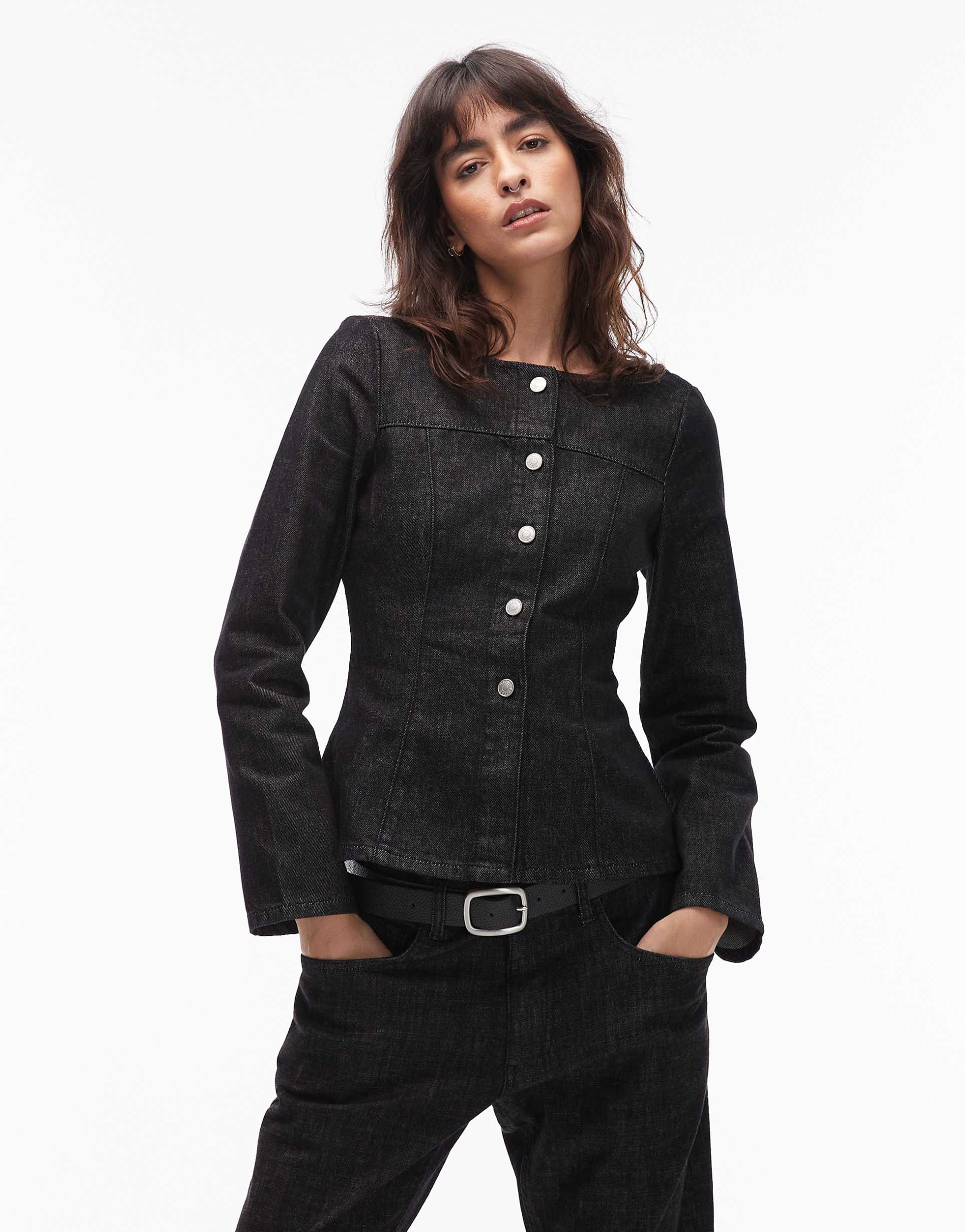 asos design denim boat neck button up top in indigo with brown tint