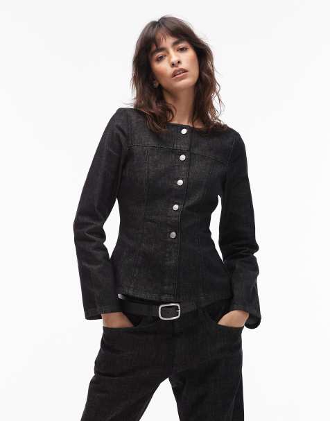 ASOS DESIGN denim boat neck button up top in indigo with brown tint