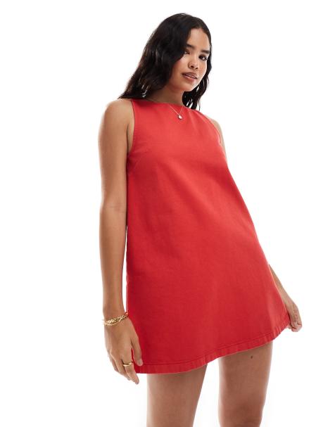 ASOS DESIGN denim boat neck shift dress in red - view 1