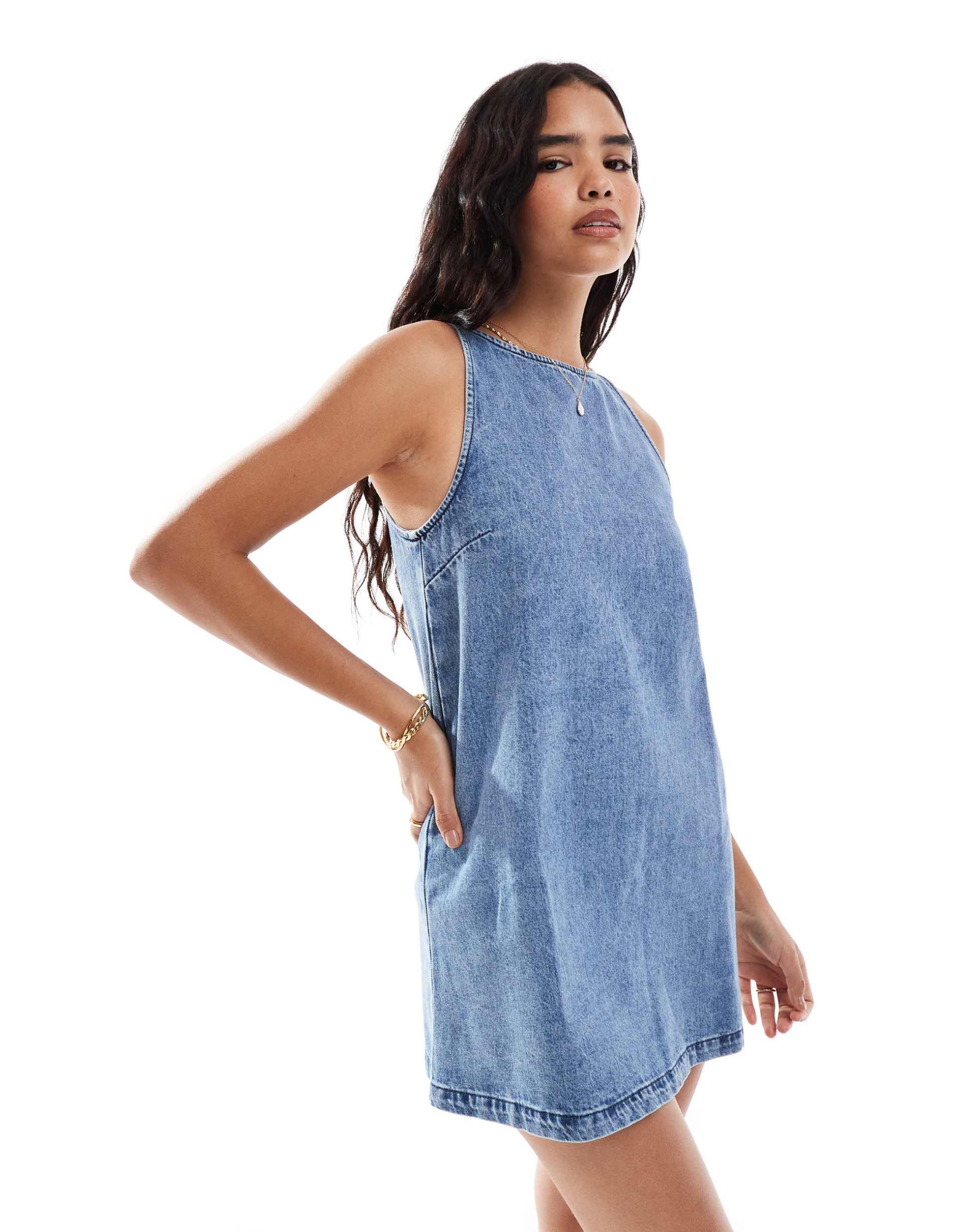 asos design denim boat neck swift dress in midwash blue