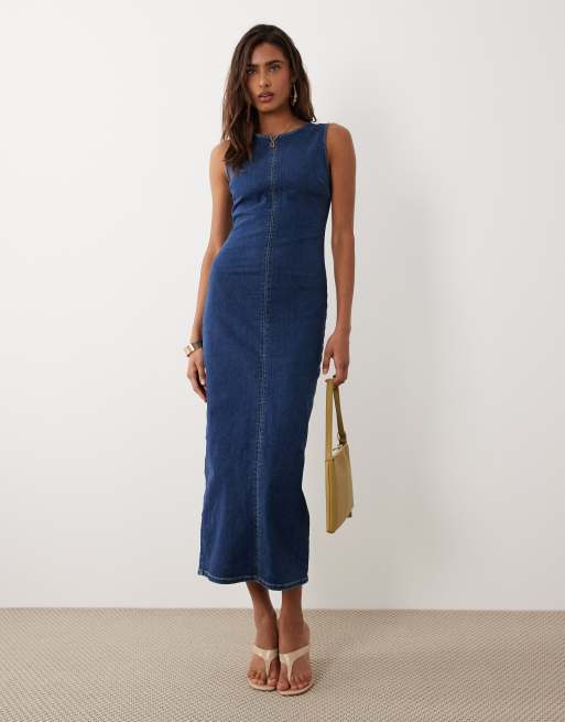 ASOS DESIGN - Denim bodycon midi-jurk met rechte hals in middenblauw, 2 van 4