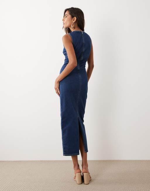 ASOS DESIGN - Denim bodycon midi-jurk met rechte hals in middenblauw, 4 van 4