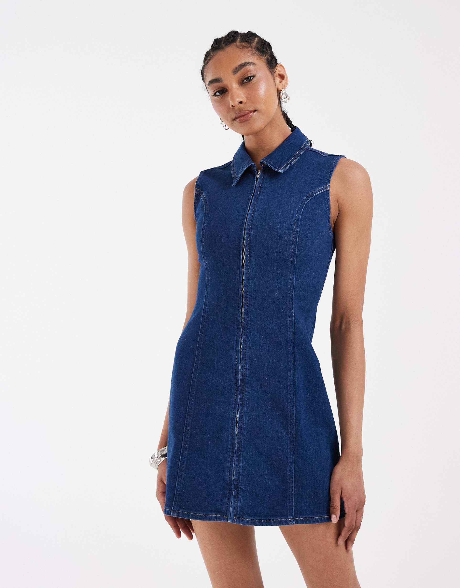 asos design denim bodycon mini dress with zip in clean blue