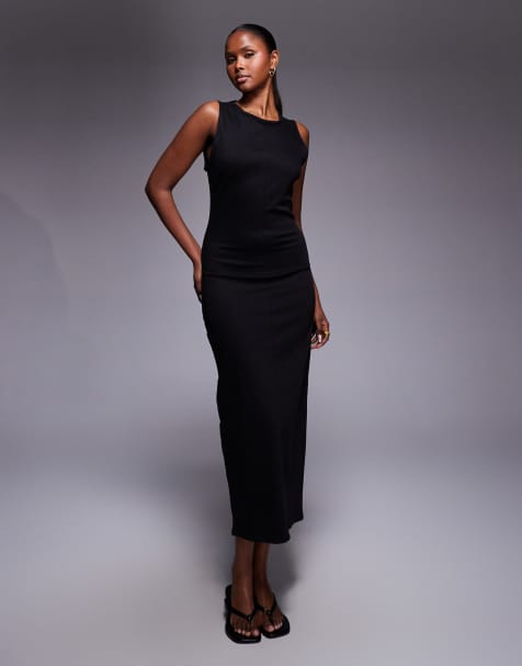 ASOS DESIGN denim bodycon slash neck midi dress in black - view 1