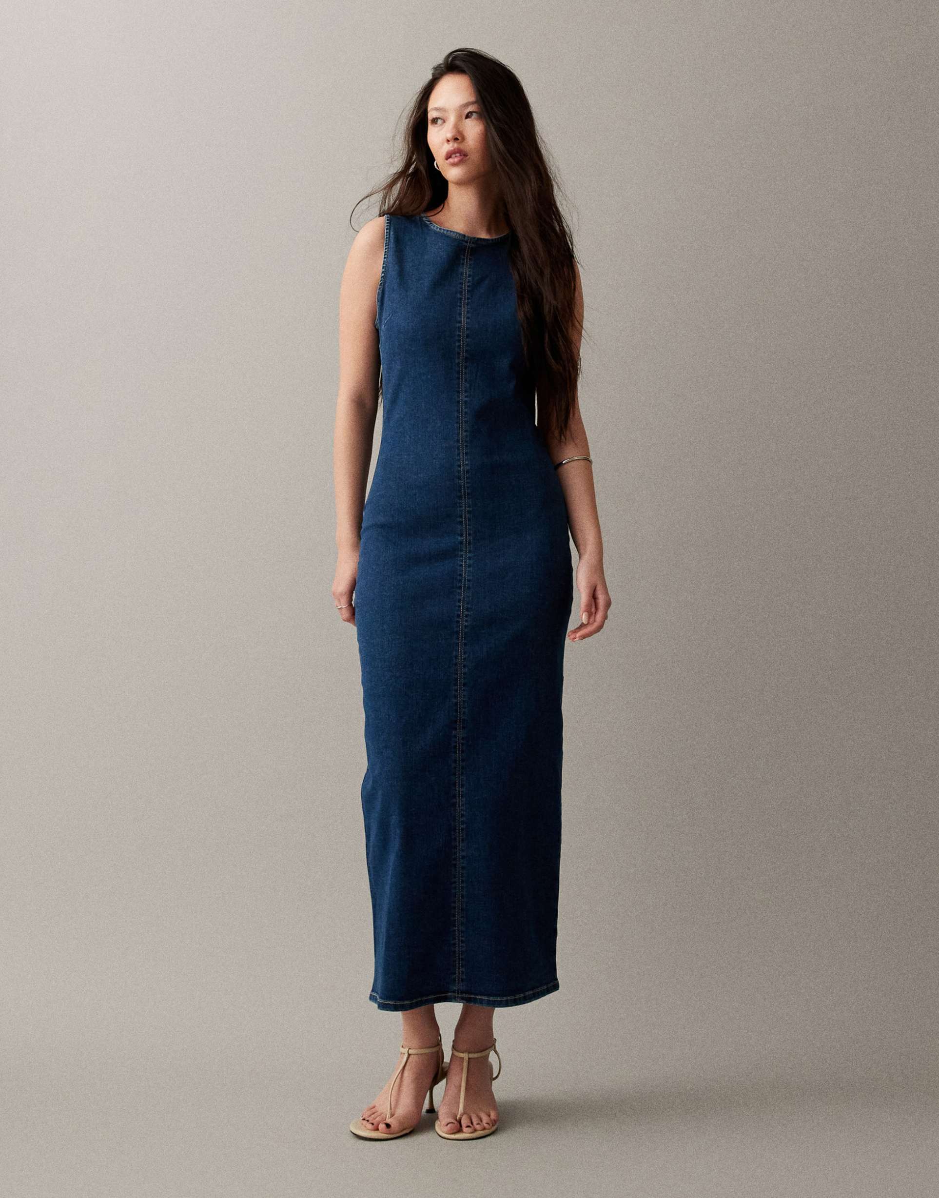 asos design denim bodycon slash neck midi dress in mid blue