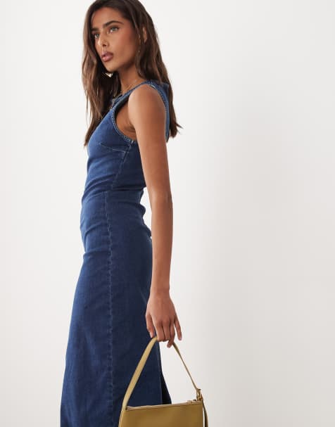 ASOS DESIGN denim bodycon slash neck midi dress in mid blue
