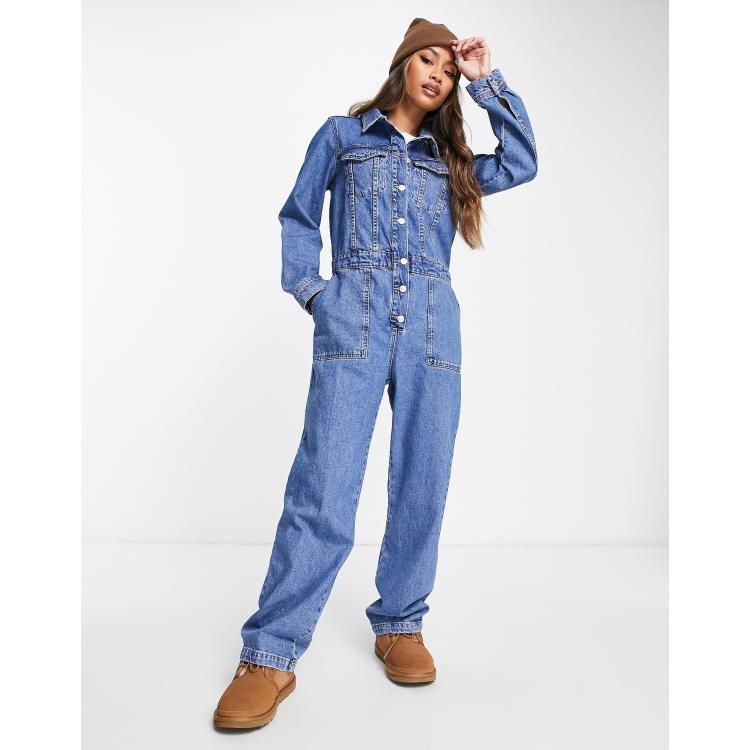 ASOS DESIGN Maternity denim boiler suit in mid wash