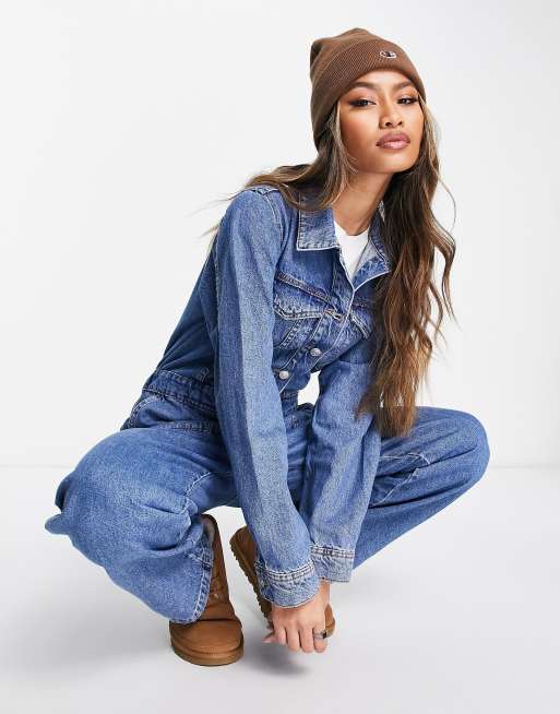 ASOS DESIGN Maternity denim boiler suit in mid wash