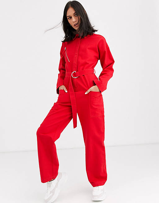ASOS DESIGN denim boiler suit with zips in red | ASOS