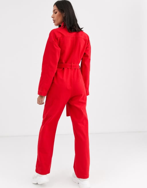 Red cheap jean jumpsuit