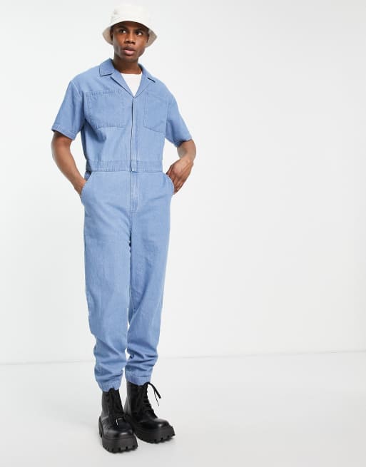 ASOS DESIGN Maternity denim boiler suit in mid wash