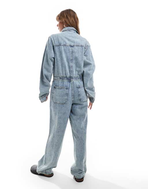 ASOS Design Denim Boilersuit in Mid Wash Blue