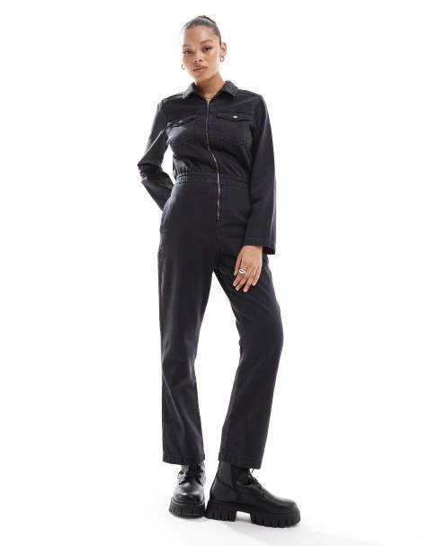 ASOS DESIGN denim boilersuit with zip and elastic waistband in washed black - view 1