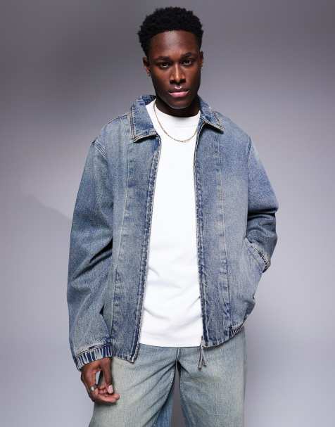 ASOS DESIGN denim bomber in mid wash blue - view 1