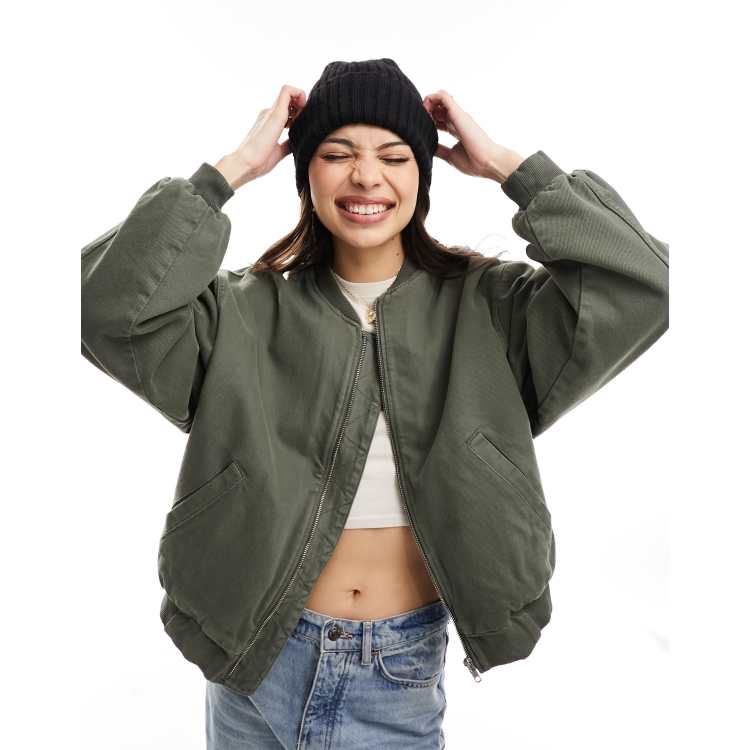 ASOS DESIGN cropped bomber jacket in khaki