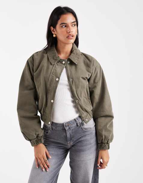 ASOS DESIGN denim bomber jacket in khaki - view 1