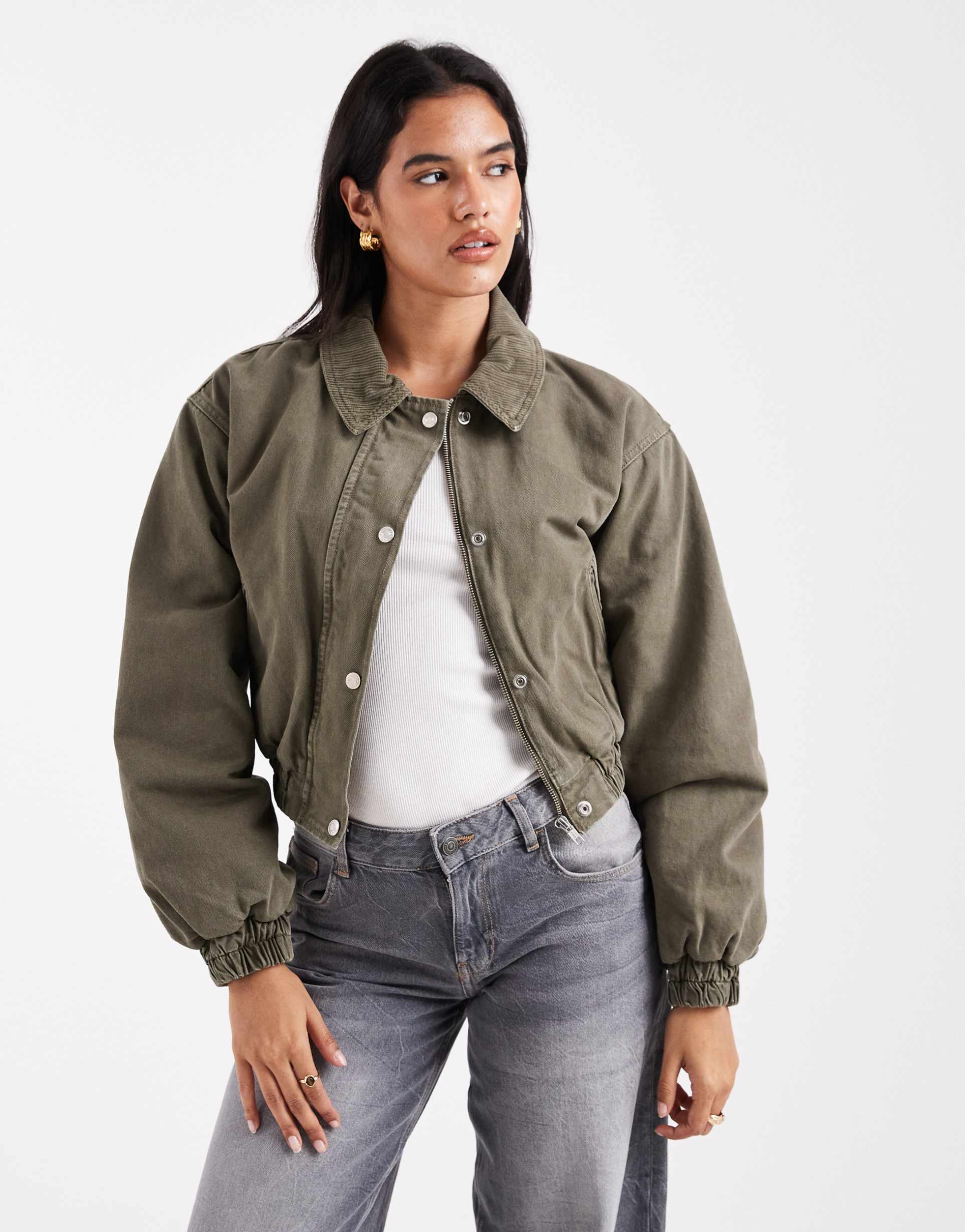 asos design denim bomber jacket in khaki