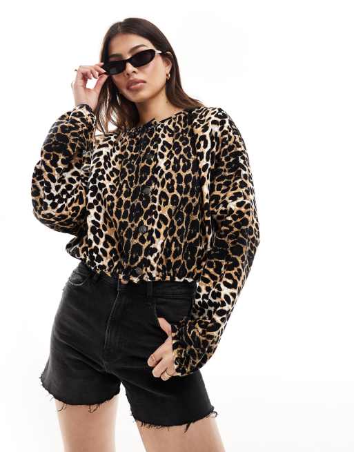 ASOS DESIGN denim bomber jacket in leopard | ASOS