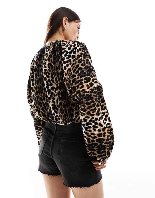 ASOS DESIGN denim bomber jacket in leopard ASOS