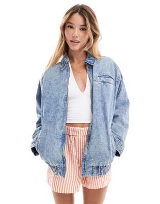 denim bomber jacket in mid wash blue