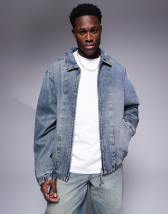 ASOS DESIGN oversized trucker jacket in mid wash blue