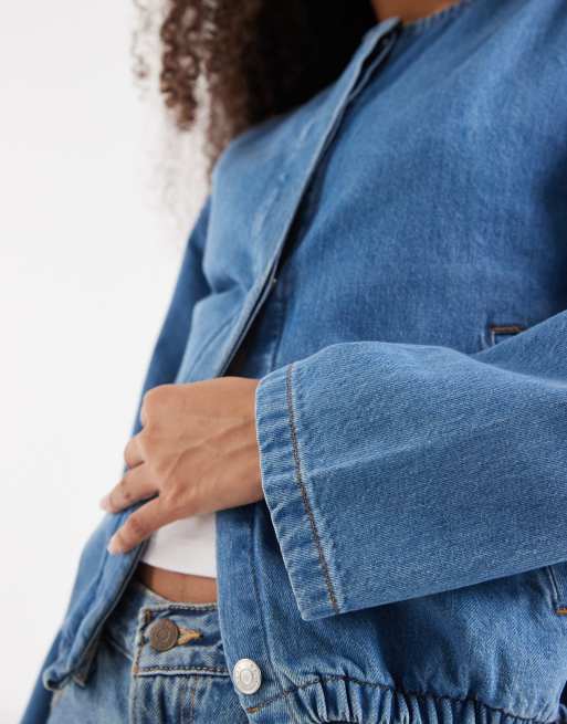 ASOS DESIGN denim bomber jacket in midwash blue, 3 of 4