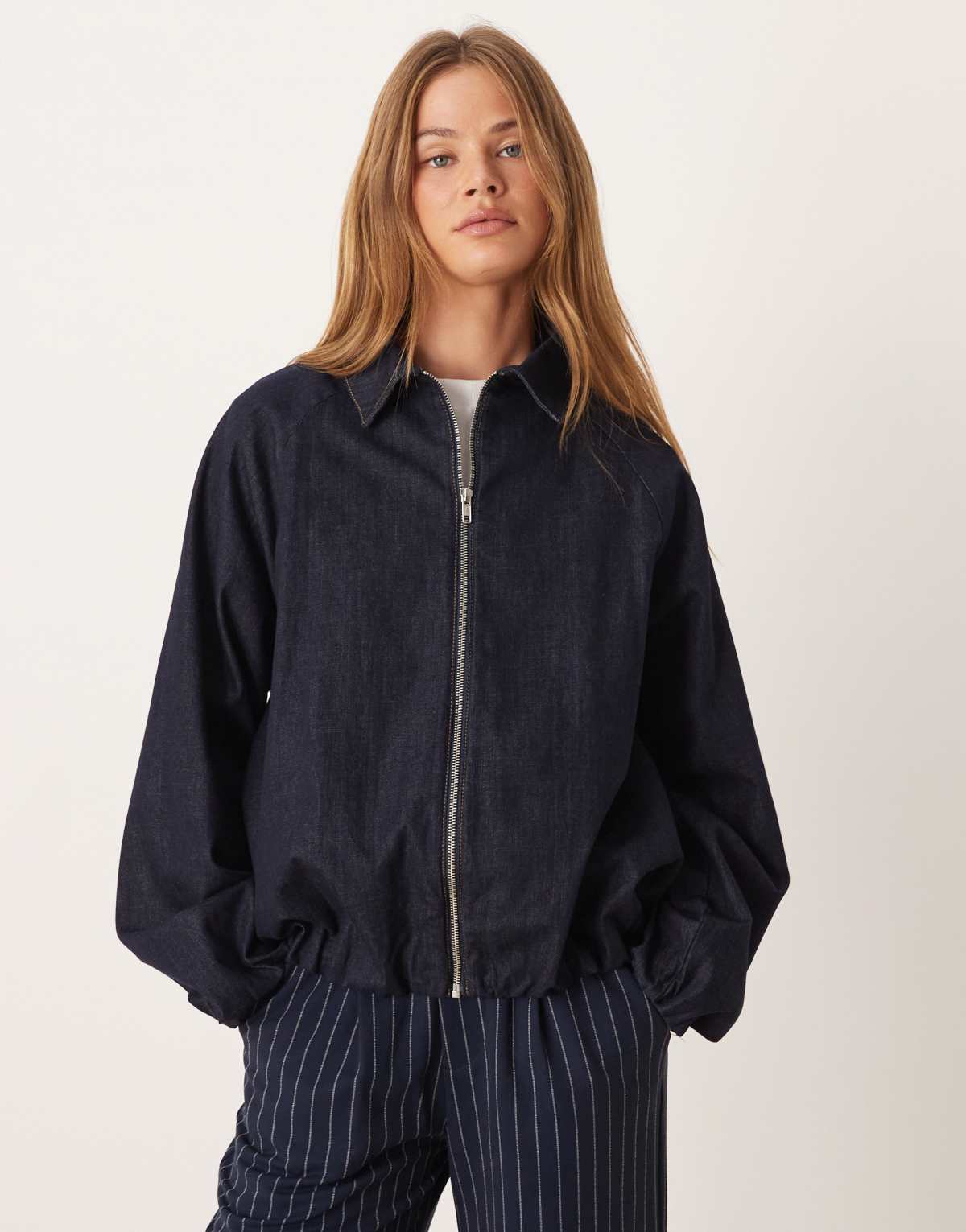 ASOS DESIGN denim bomber jacket with bubble hem in rinse wash
