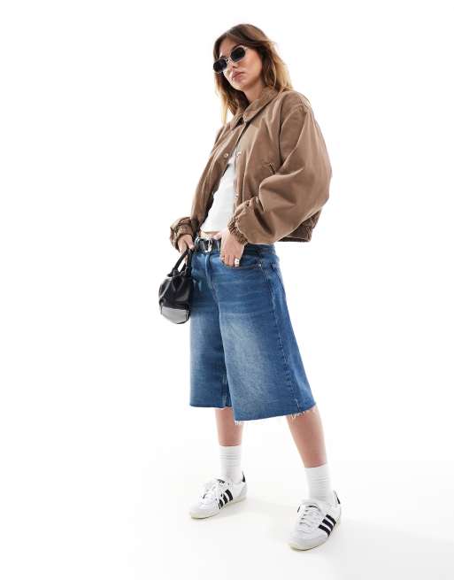 ASOS DESIGN denim bomber jacket with cord collar in brown, 3 of 4