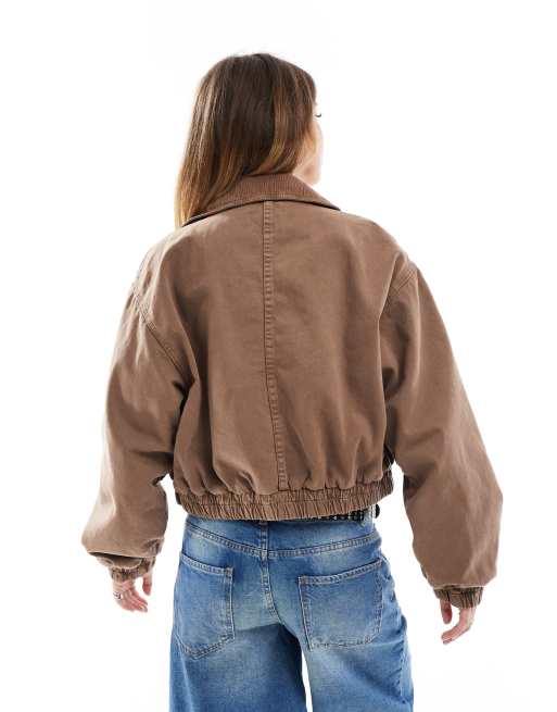 ASOS DESIGN denim bomber jacket with cord collar in brown, 4 of 4