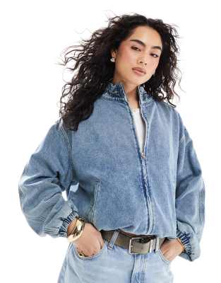 denim bomber jacket with frill collar in midwash blue