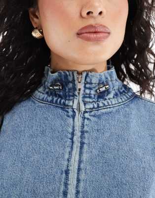 Asos Design Denim Bomber Jacket With Frill Collar In Blue
