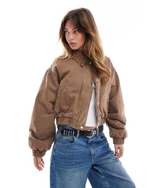 ASOS DESIGN - Denim bomberjack met kraagje van corduroy in bruin - view 1