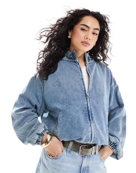 ASOS DESIGN - Denim bomberjack met ruches aan de kraag in mid-wash blauw - view 1