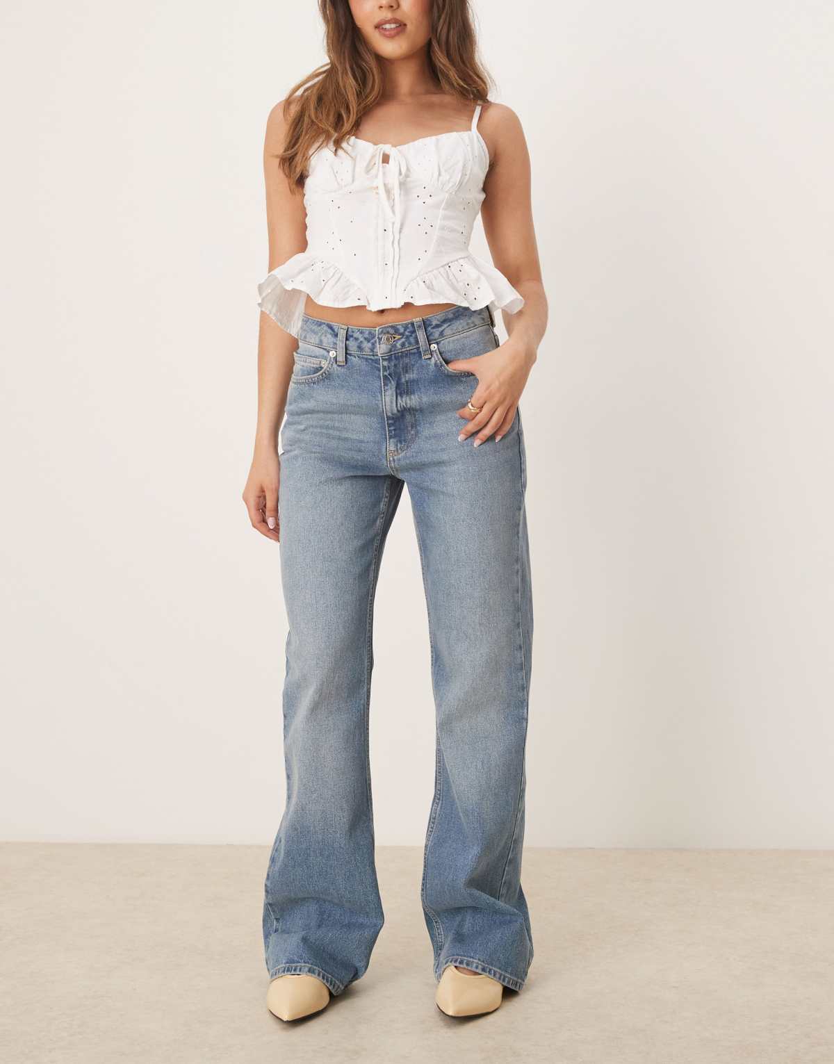 ASOS DESIGN denim bootcut flare jean in midwash blue
