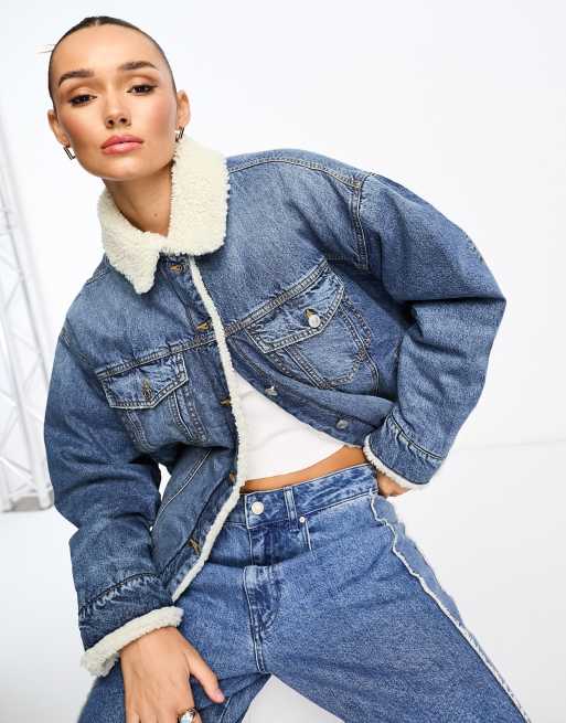 ASOS DESIGN denim borg jacket in vintage wash blue | ASOS