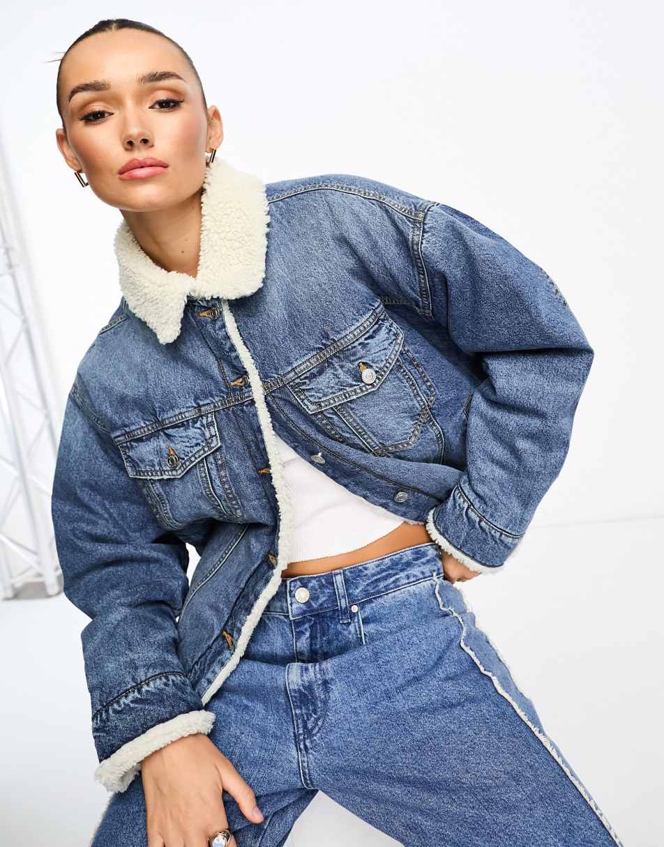 ASOS DESIGN denim borg jacket in vintage wash blue