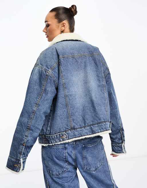 ASOS Denim Jacket With Patches & Fleece Collar In Blue Wash