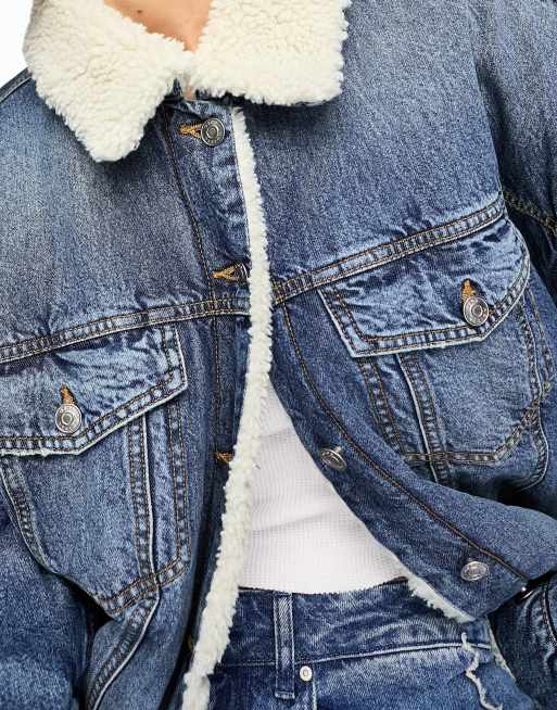 ASOS Denim Jacket With Patches & Borg Collar In Blue Wash