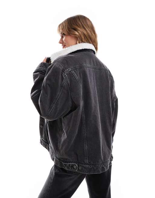 ASOS DESIGN denim borg jacket in washed black