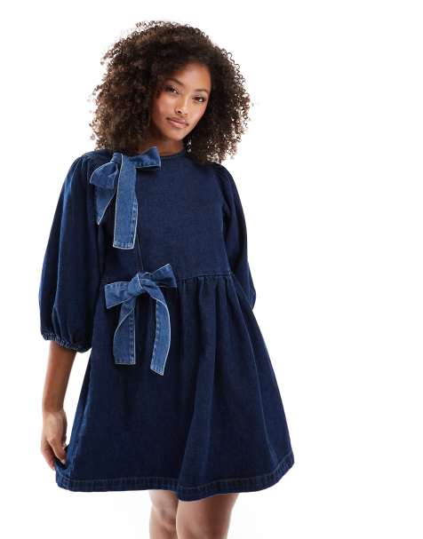 ASOS DESIGN denim bow asymmetrical bow dress in indigo - view 1