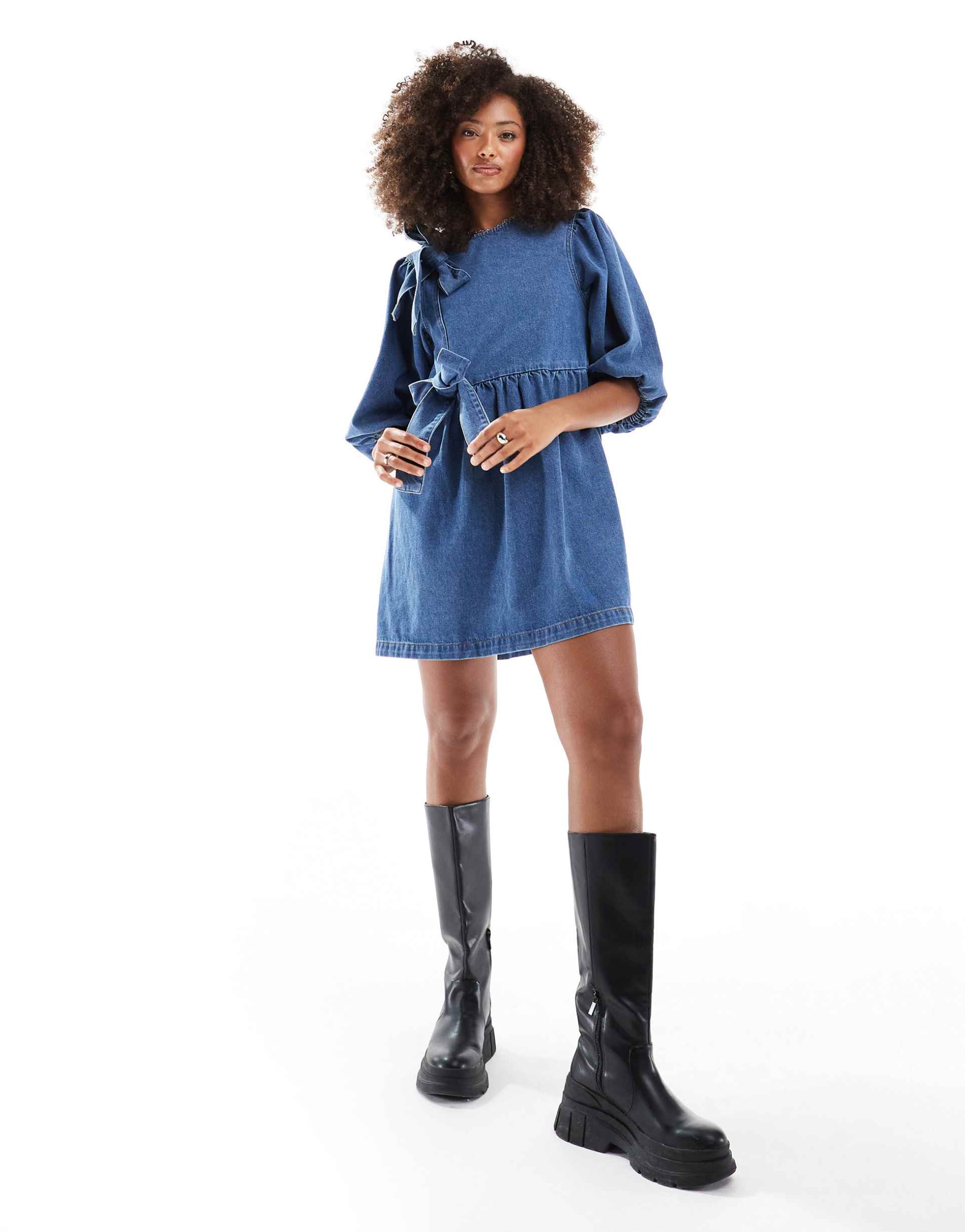asos design denim bow asymmetrical bow dress in mid blue