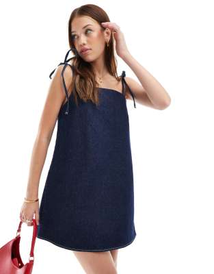 Asos Design Denim Bow Dress In Indigo-blue