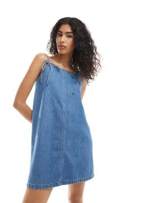 ASOS DESIGN denim bow dress in mid blue