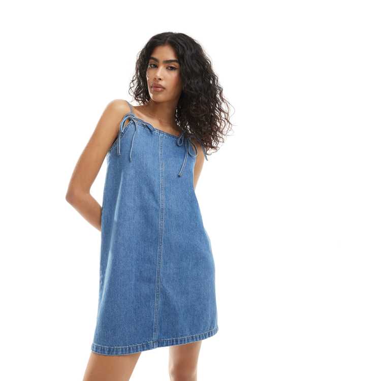 ASOS DESIGN denim bow dress in mid blue | ASOS